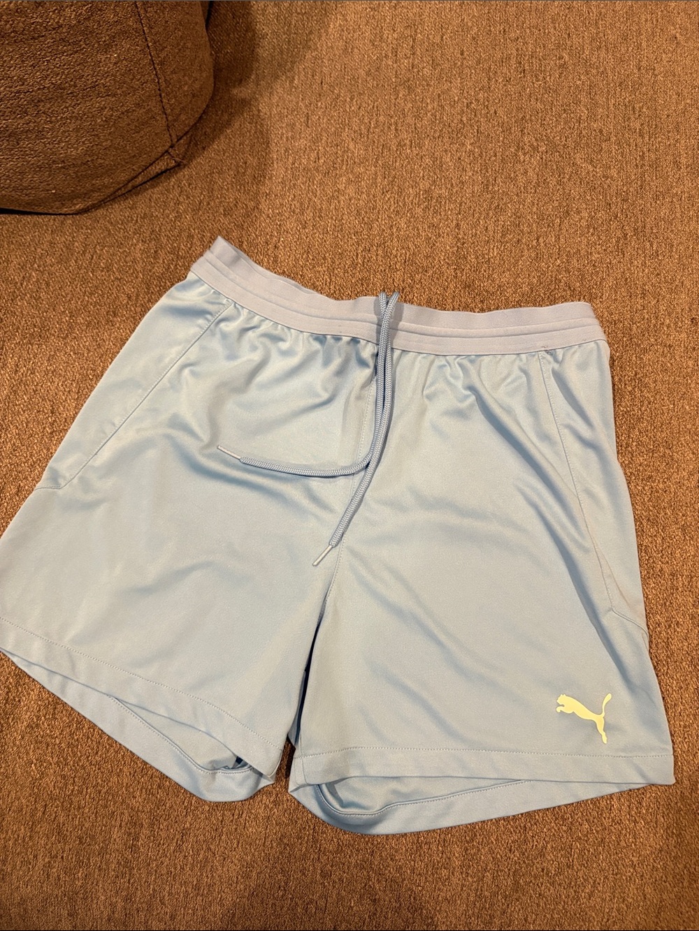 Puma Men’s Pale Blue Athletic Shorts with Yellow Logo